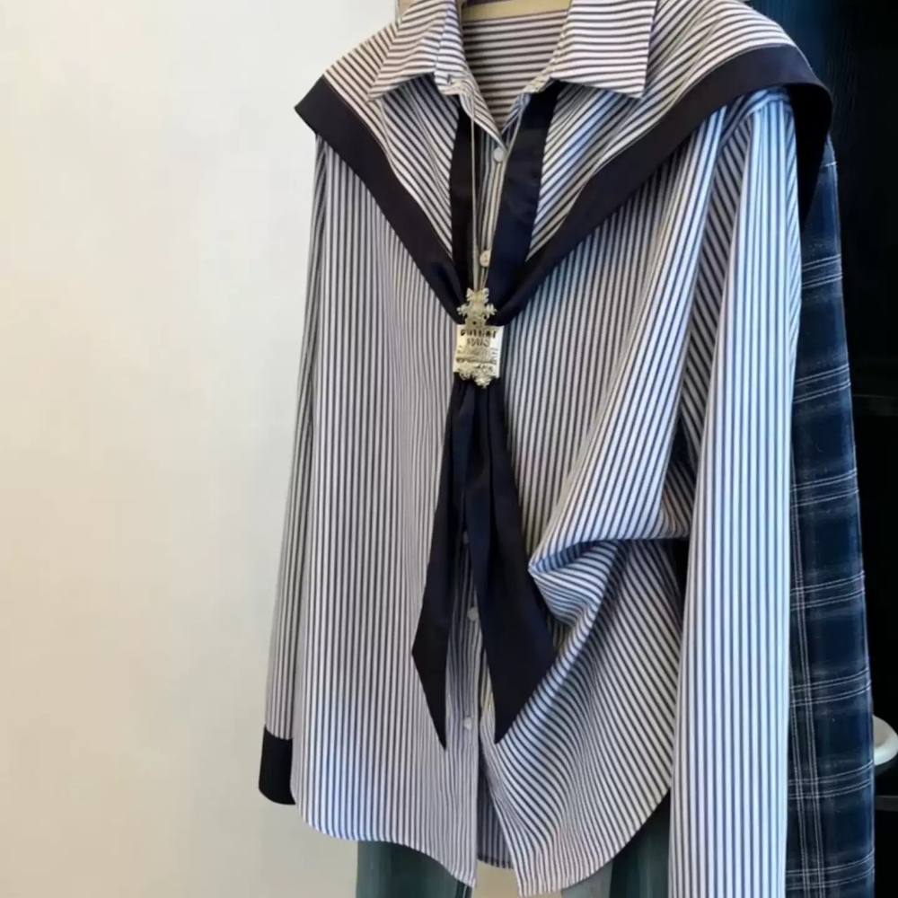 Blue White Stripe Sailor Collar Shirt - Picture 2 of 4